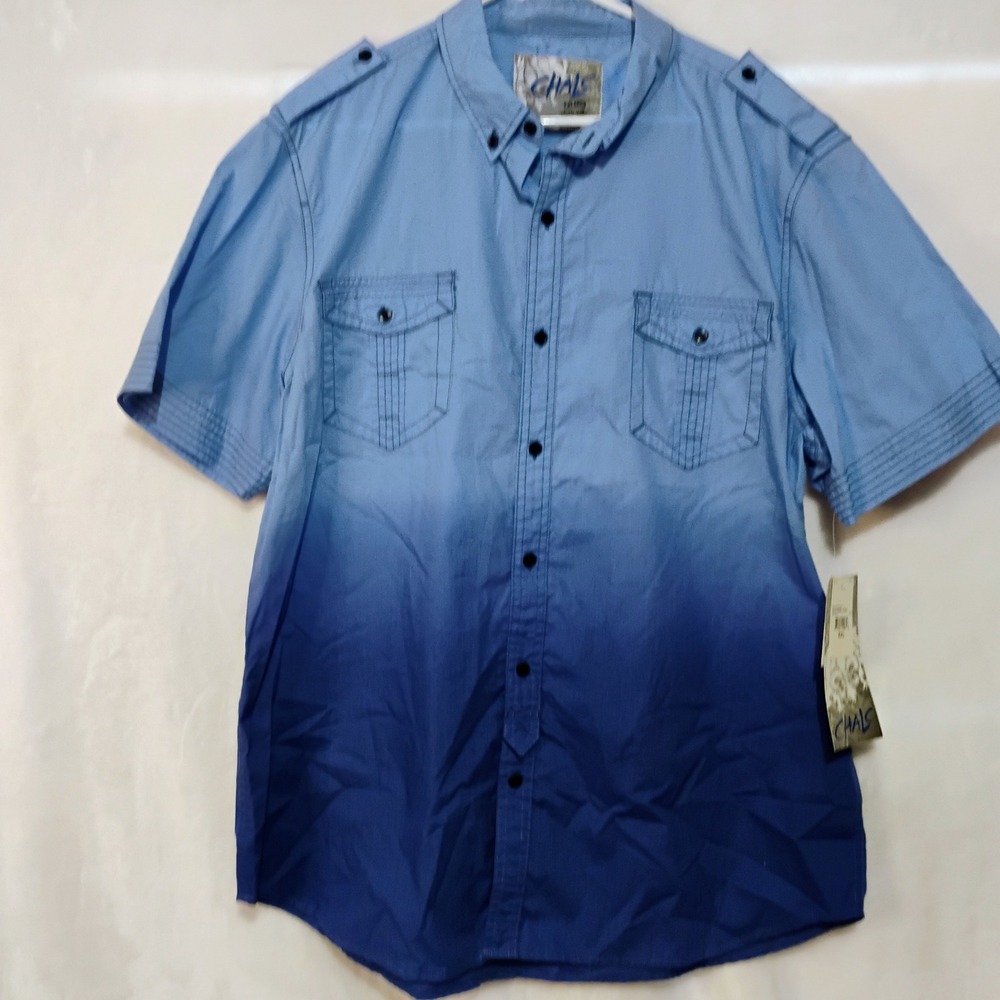 Chalc Mens Blue Ombre Short Sleeve Button Down Shirt Epaulets XXL NWT